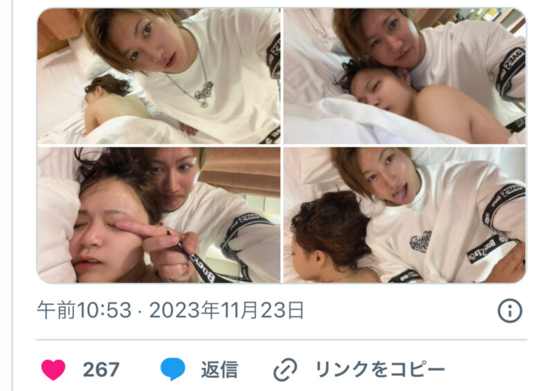 えみたろとしんやっちょのベッドで一緒に寝ている写真